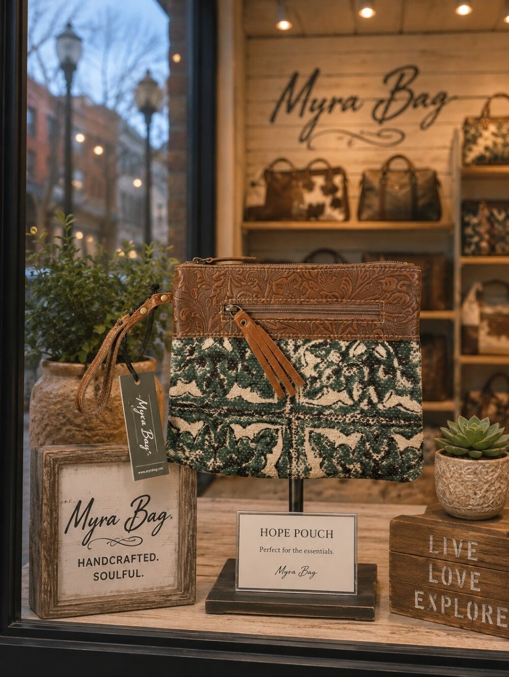 Myra Bag Green and Brown Embossed-Trim Hope Pouch Wristlet